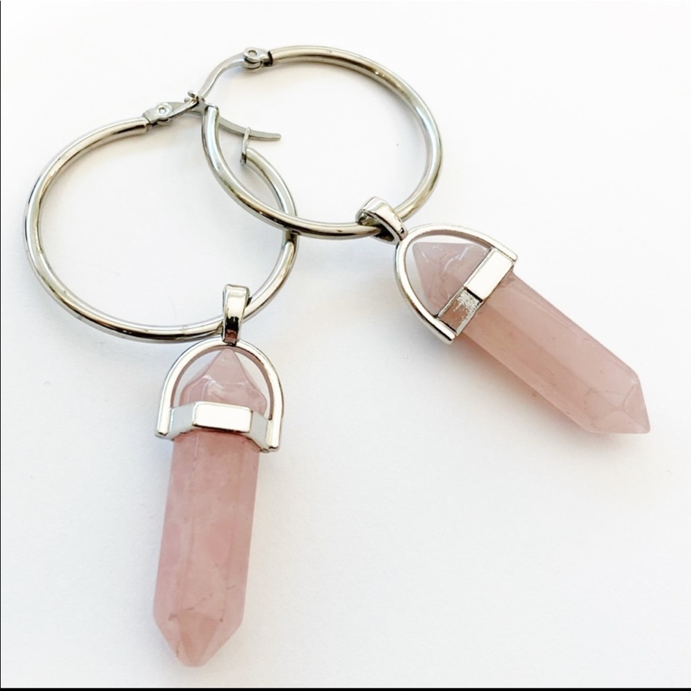 Rose Quartz stone pendant hoop earrings